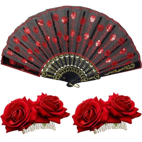 Rote Rosenblüten-Haarspange und bestickter Sequins-Faltfächer aus Stoff – Set für Flamenco-Tänzer, mexikanische Haaraccessoires für Kostüme, Hochzeiten, Muttertag (Rot)