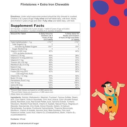Flintstones Vitamins Kinder Multivitamin mit Eisen + Extra Vitamin C, D, B12 – 160 Kautabletten