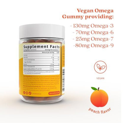 BeLive Bio Omega 3 Gummis – 60 Stück | Vegane Omega 3, 6, 7 & 9 aus Leinöl & Sanddornfruchtöl für Kinder & Erwachsene, Ganzkörper-, Gehirn- & Augenunterstützung, Zuckerfrei – Pfirsichgeschmack
