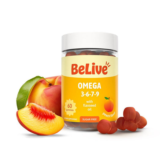 BeLive Bio Omega 3 Gummis – 60 Stück | Vegane Omega 3, 6, 7 & 9 aus Leinöl & Sanddornfruchtöl für Kinder & Erwachsene, Ganzkörper-, Gehirn- & Augenunterstützung, Zuckerfrei – Pfirsichgeschmack