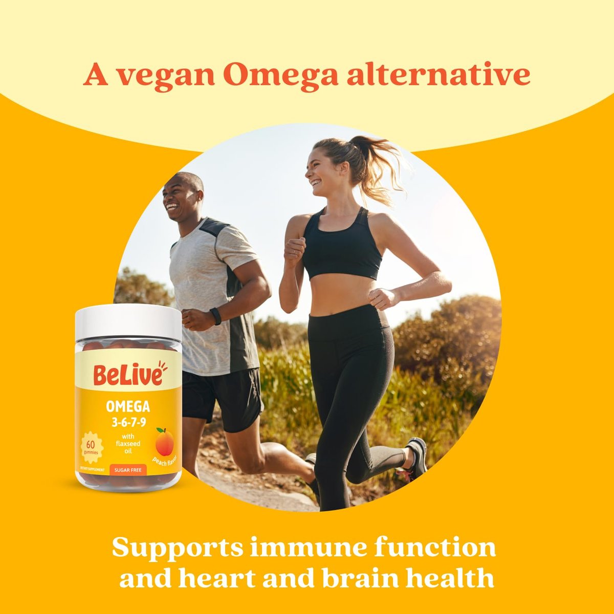 BeLive Bio Omega 3 Gummis – 60 Stück | Vegane Omega 3, 6, 7 & 9 aus Leinöl & Sanddornfruchtöl für Kinder & Erwachsene, Ganzkörper-, Gehirn- & Augenunterstützung, Zuckerfrei – Pfirsichgeschmack