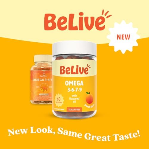 BeLive Bio Omega 3 Gummis – 60 Stück | Vegane Omega 3, 6, 7 & 9 aus Leinöl & Sanddornfruchtöl für Kinder & Erwachsene, Ganzkörper-, Gehirn- & Augenunterstützung, Zuckerfrei – Pfirsichgeschmack