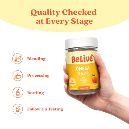 BeLive Bio Omega 3 Gummis – 60 Stück | Vegane Omega 3, 6, 7 & 9 aus Leinöl & Sanddornfruchtöl für Kinder & Erwachsene, Ganzkörper-, Gehirn- & Augenunterstützung, Zuckerfrei – Pfirsichgeschmack