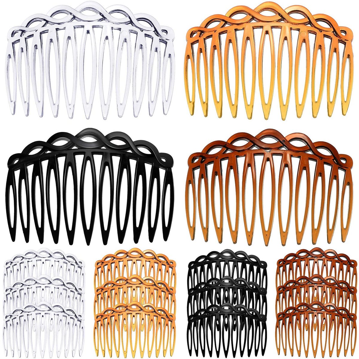 16-teilige Haarkämme für Frauen – French Hair Side Combs aus Kunststoff, dekorative Twist-Kämme für Hochzeit, Brautschleier (Schwarz, Transparent, Hellbraun, Dunkelbraun)