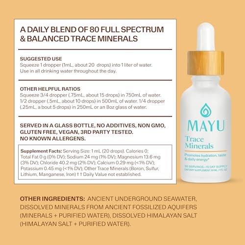 MAYU Trace Mineral Drops – 1 Flasche – 80+ Vollspektrum Ionische Mineralien für Wasser – Großartig schmeckendes Mineral-Supplement für Hydration – Magnesium, Kalium & Zink – Ohne Zusätze – 30 Portionen