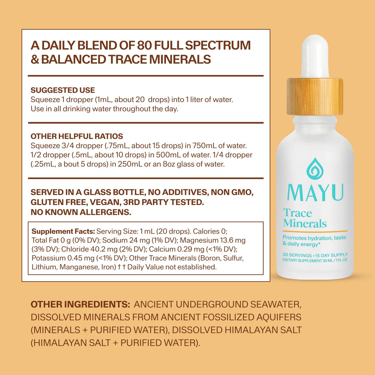 MAYU Trace Mineral Drops – 1 Flasche – 80+ Vollspektrum Ionische Mineralien für Wasser – Großartig schmeckendes Mineral-Supplement für Hydration – Magnesium, Kalium & Zink – Ohne Zusätze – 30 Portionen