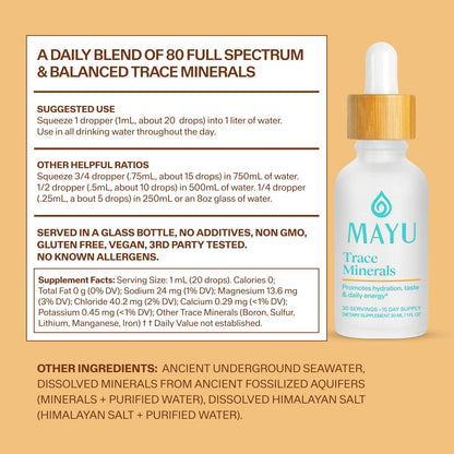 MAYU Trace Mineral Drops – 1 Flasche – 80+ Vollspektrum Ionische Mineralien für Wasser – Großartig schmeckendes Mineral-Supplement für Hydration – Magnesium, Kalium & Zink – Ohne Zusätze – 30 Portionen