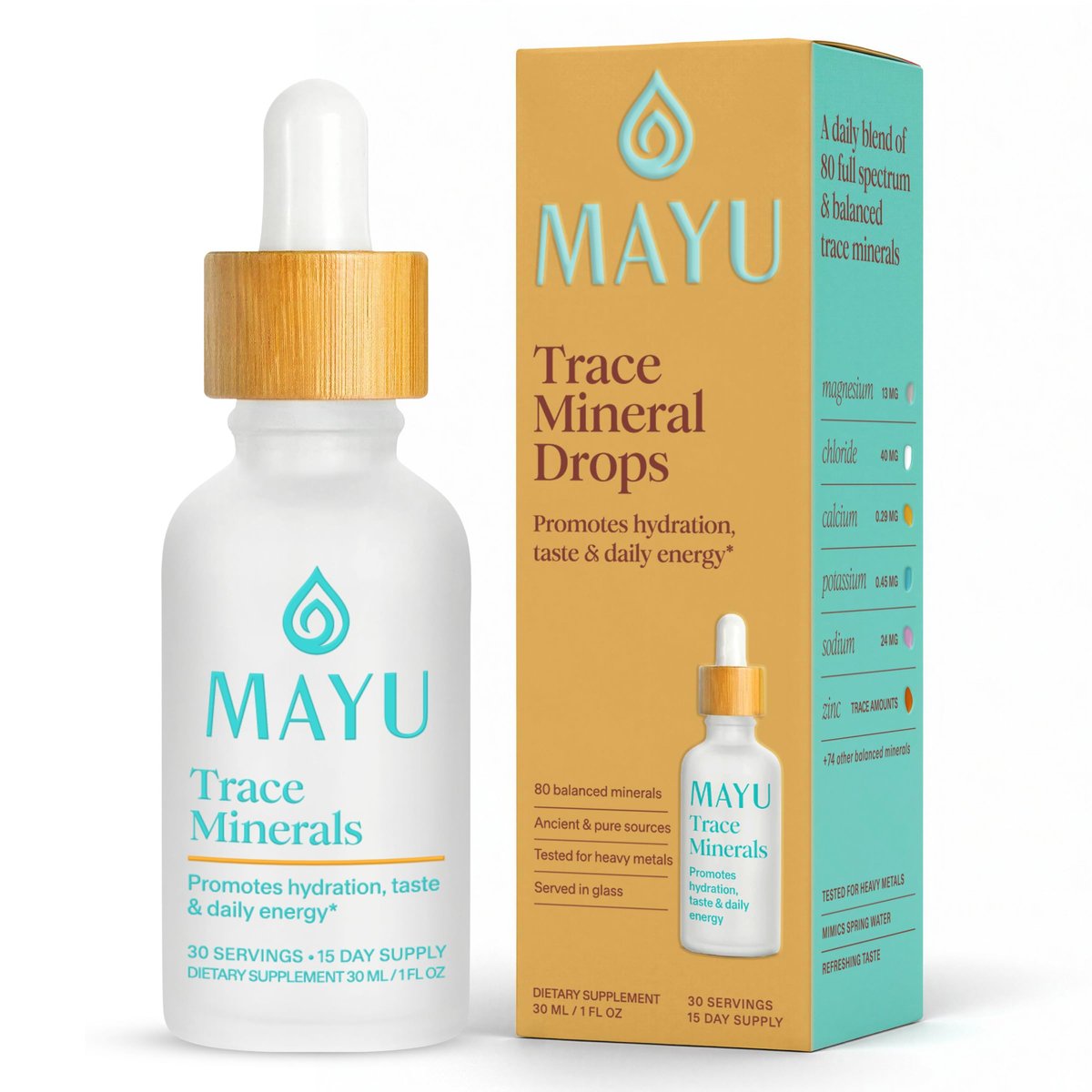 MAYU Trace Mineral Drops – 1 Flasche – 80+ Vollspektrum Ionische Mineralien für Wasser – Großartig schmeckendes Mineral-Supplement für Hydration – Magnesium, Kalium & Zink – Ohne Zusätze – 30 Portionen
