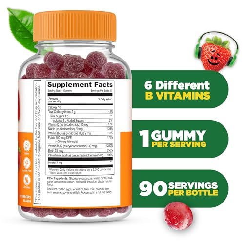 Lifeable Vitamin B-Komplex für Kinder | mit Vitamin C | Lecker schmeckende B-Komplex Gummis | Vegan | Energie- und Nervenunterstützung | 90 Gummis