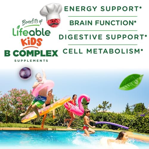 Lifeable Vitamin B-Komplex für Kinder | mit Vitamin C | Lecker schmeckende B-Komplex Gummis | Vegan | Energie- und Nervenunterstützung | 90 Gummis