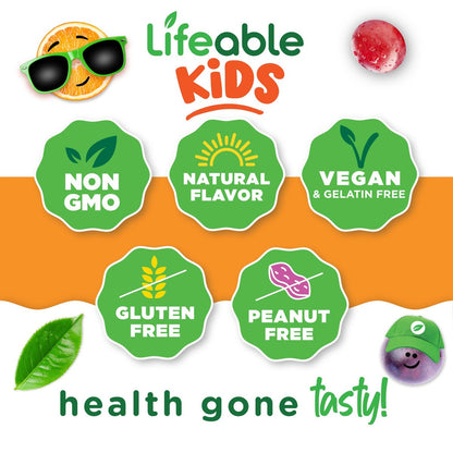 Lifeable Vitamin B-Komplex für Kinder | mit Vitamin C | Lecker schmeckende B-Komplex Gummis | Vegan | Energie- und Nervenunterstützung | 90 Gummis