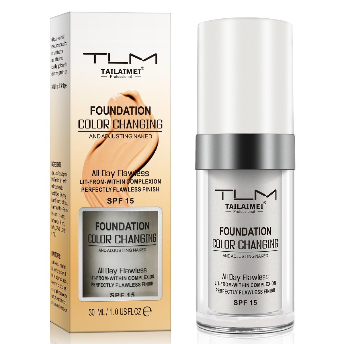 30 ml Flawless Colour Changing Foundation für warme Hauttöne – Feuchtigkeitsspendend, lang anhaltend, wasserfest, Porenlos, SPF 15