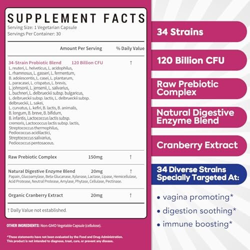 Surebounty Probiotika für Frauen, 120 Milliarden KBE, 34 Stämme, Präbiotika, Verdauungsenzyme, Cranberry, 4-in-1 Weibliches Probiotikum, Verdauungs-, Vaginal-, Immununterstützung, 30 Kapseln