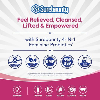 Surebounty Probiotika für Frauen, 120 Milliarden KBE, 34 Stämme, Präbiotika, Verdauungsenzyme, Cranberry, 4-in-1 Weibliches Probiotikum, Verdauungs-, Vaginal-, Immununterstützung, 30 Kapseln