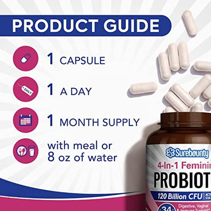 Surebounty Probiotika für Frauen, 120 Milliarden KBE, 34 Stämme, Präbiotika, Verdauungsenzyme, Cranberry, 4-in-1 Weibliches Probiotikum, Verdauungs-, Vaginal-, Immununterstützung, 30 Kapseln
