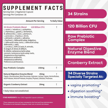 Surebounty Probiotika für Frauen, 120 Milliarden KBE, 34 Stämme, Präbiotika, Verdauungsenzyme, Cranberry, 4-in-1 Weibliches Probiotikum, Verdauungs-, Vaginal-, Immununterstützung, 30 Kapseln