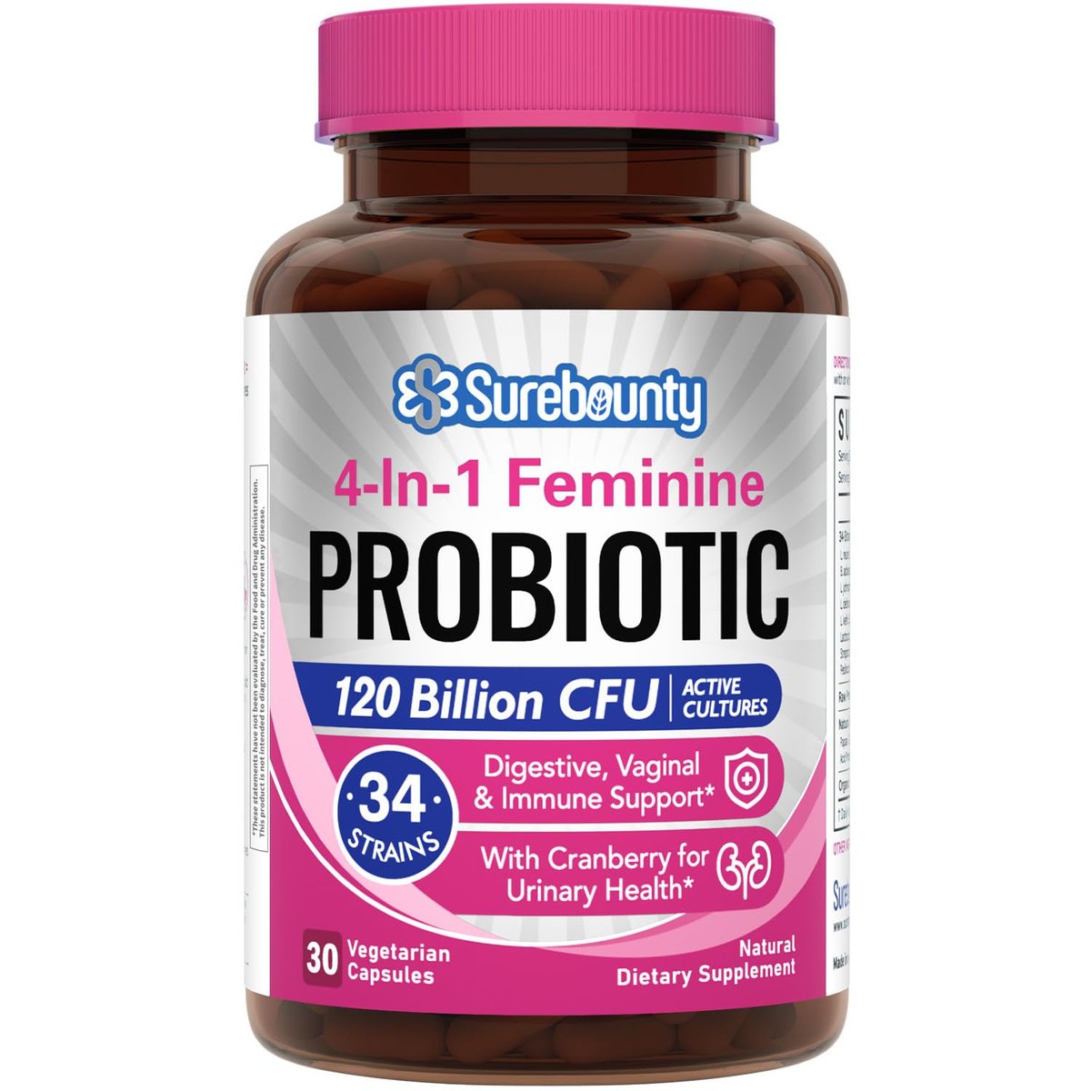 Surebounty Probiotika für Frauen, 120 Milliarden KBE, 34 Stämme, Präbiotika, Verdauungsenzyme, Cranberry, 4-in-1 Weibliches Probiotikum, Verdauungs-, Vaginal-, Immununterstützung, 30 Kapseln
