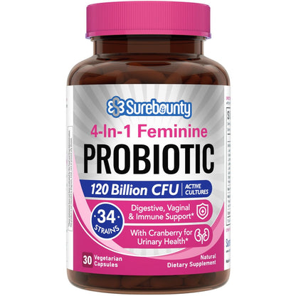 Surebounty Probiotika für Frauen, 120 Milliarden KBE, 34 Stämme, Präbiotika, Verdauungsenzyme, Cranberry, 4-in-1 Weibliches Probiotikum, Verdauungs-, Vaginal-, Immununterstützung, 30 Kapseln