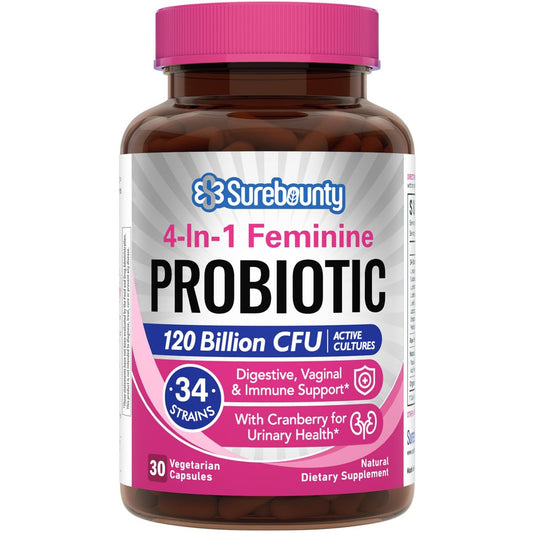 Surebounty Probiotika für Frauen, 120 Milliarden KBE, 34 Stämme, Präbiotika, Verdauungsenzyme, Cranberry, 4-in-1 Weibliches Probiotikum, Verdauungs-, Vaginal-, Immununterstützung, 30 Kapseln
