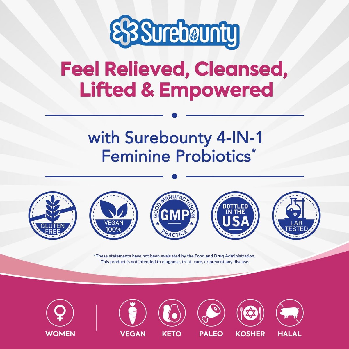 Surebounty Probiotika für Frauen, 120 Milliarden KBE, 34 Stämme, Präbiotika, Verdauungsenzyme, Cranberry, 4-in-1 Weibliches Probiotikum, Verdauungs-, Vaginal-, Immununterstützung, 30 Kapseln