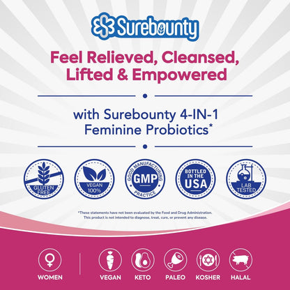 Surebounty Probiotika für Frauen, 120 Milliarden KBE, 34 Stämme, Präbiotika, Verdauungsenzyme, Cranberry, 4-in-1 Weibliches Probiotikum, Verdauungs-, Vaginal-, Immununterstützung, 30 Kapseln