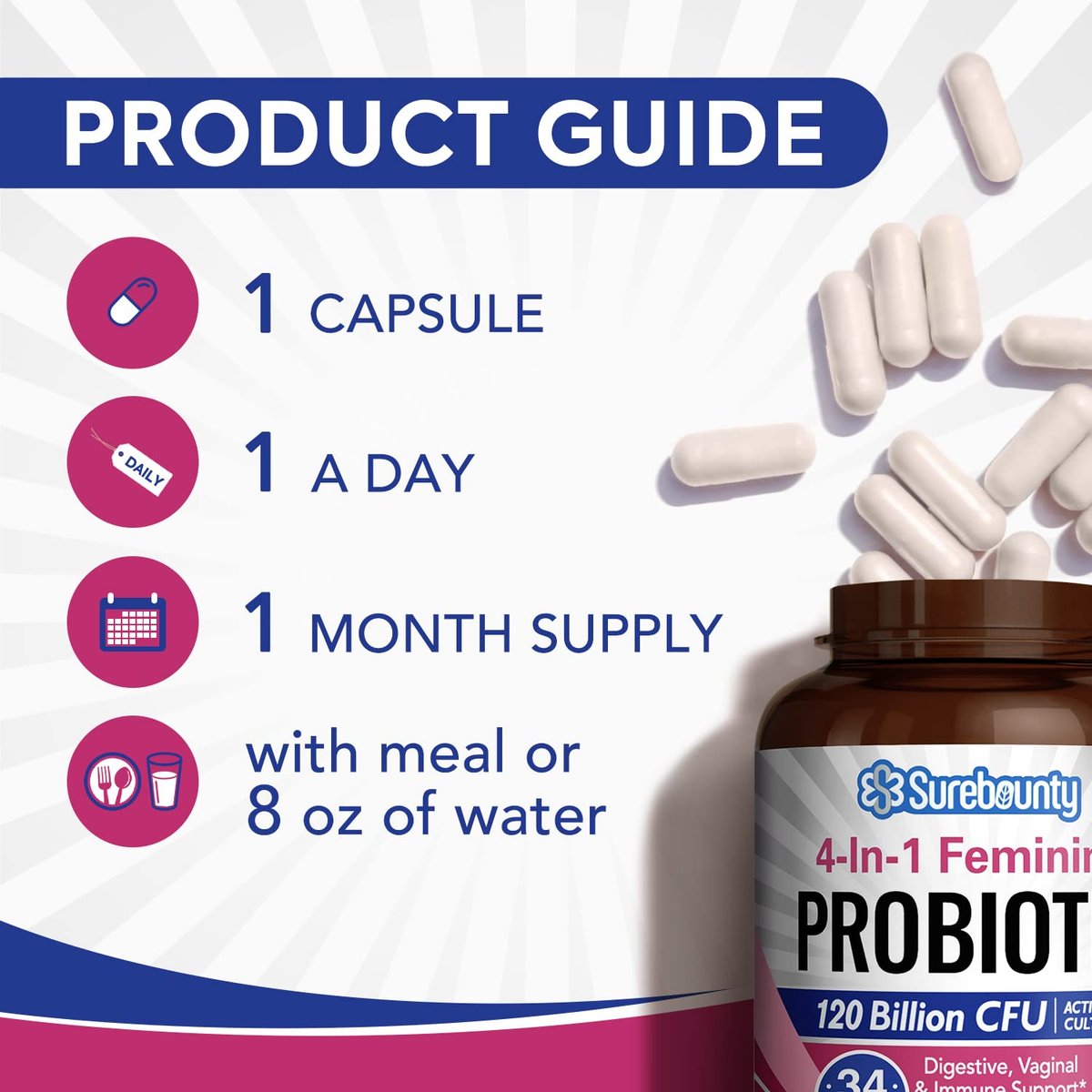 Surebounty Probiotika für Frauen, 120 Milliarden KBE, 34 Stämme, Präbiotika, Verdauungsenzyme, Cranberry, 4-in-1 Weibliches Probiotikum, Verdauungs-, Vaginal-, Immununterstützung, 30 Kapseln