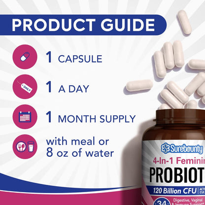 Surebounty Probiotika für Frauen, 120 Milliarden KBE, 34 Stämme, Präbiotika, Verdauungsenzyme, Cranberry, 4-in-1 Weibliches Probiotikum, Verdauungs-, Vaginal-, Immununterstützung, 30 Kapseln