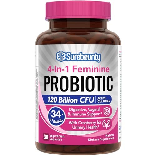 Surebounty Probiotika für Frauen, 120 Milliarden KBE, 34 Stämme, Präbiotika, Verdauungsenzyme, Cranberry, 4-in-1 Weibliches Probiotikum, Verdauungs-, Vaginal-, Immununterstützung, 30 Kapseln