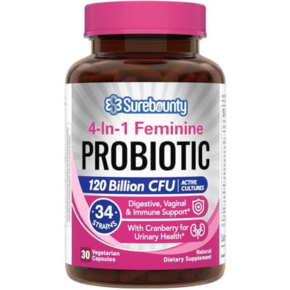 Surebounty Probiotika für Frauen, 120 Milliarden KBE, 34 Stämme, Präbiotika, Verdauungsenzyme, Cranberry, 4-in-1 Weibliches Probiotikum, Verdauungs-, Vaginal-, Immununterstützung, 30 Kapseln