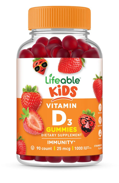 Lifeable Vitamin-D-Gummis für Kinder | Vitamin D3 1000 IE | Leckerer Geschmack für starke Knochen und Immunsystem | 90 Gummis