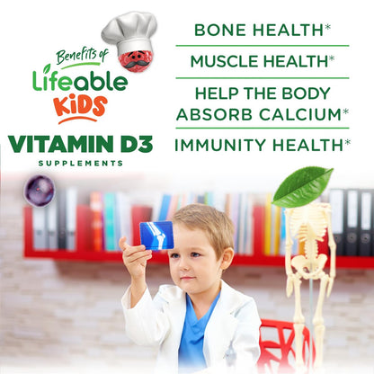 Lifeable Vitamin-D-Gummis für Kinder | Vitamin D3 1000 IE | Leckerer Geschmack für starke Knochen und Immunsystem | 90 Gummis
