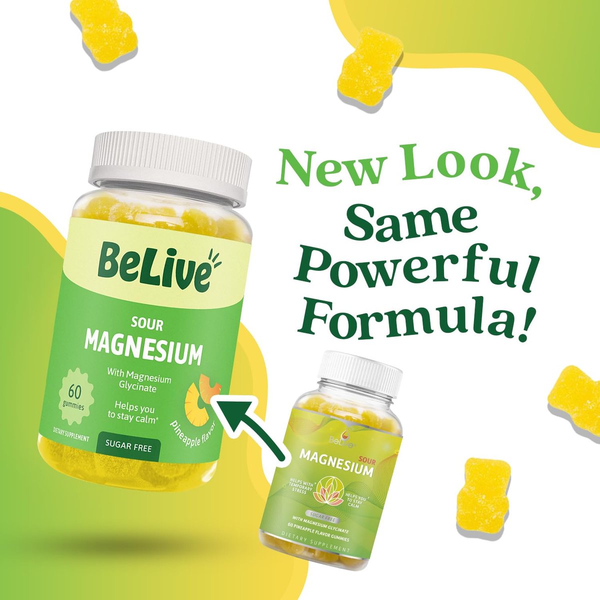BeLive Magnesium Glycinat Gummis 200 mg – Zuckerfreies Supplement für Muskelentspannung, Schlafunterstützung & Herzgesundheit für Erwachsene & Kinder – Ananasgeschmack – 60 Stück