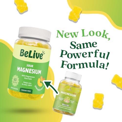 BeLive Magnesium Glycinat Gummis 200 mg – Zuckerfreies Supplement für Muskelentspannung, Schlafunterstützung & Herzgesundheit für Erwachsene & Kinder – Ananasgeschmack – 60 Stück