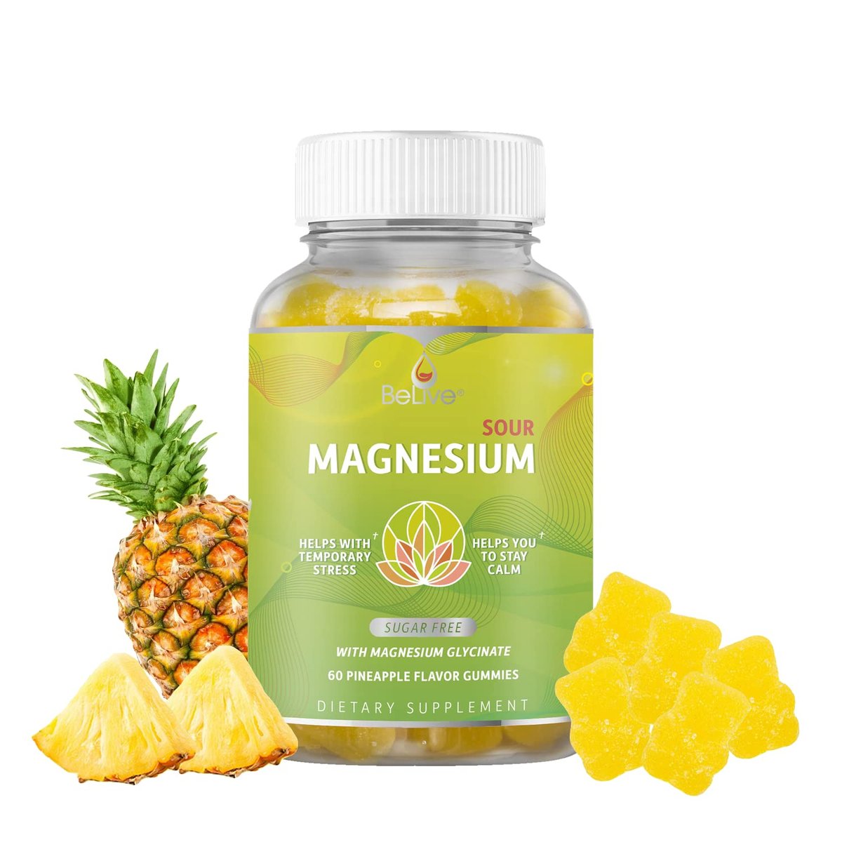 BeLive Magnesium Glycinat Gummis 200 mg – Zuckerfreies Supplement für Muskelentspannung, Schlafunterstützung & Herzgesundheit für Erwachsene & Kinder – Ananasgeschmack – 60 Stück