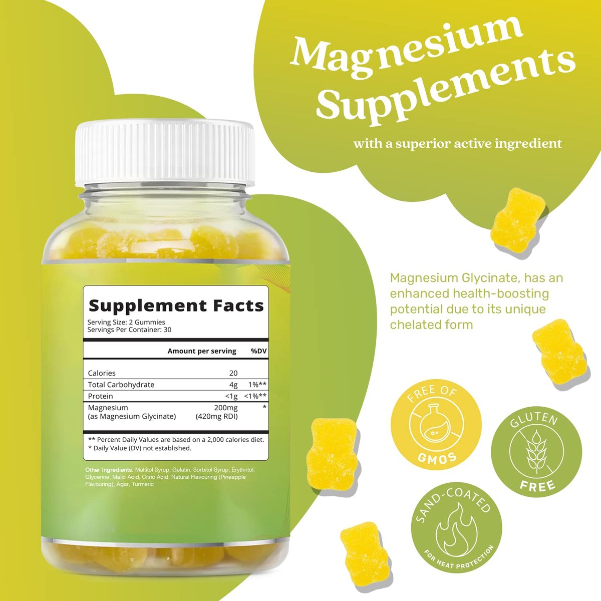 BeLive Magnesium Glycinat Gummis 200 mg – Zuckerfreies Supplement für Muskelentspannung, Schlafunterstützung & Herzgesundheit für Erwachsene & Kinder – Ananasgeschmack – 60 Stück