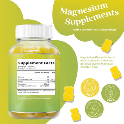 BeLive Magnesium Glycinat Gummis 200 mg – Zuckerfreies Supplement für Muskelentspannung, Schlafunterstützung & Herzgesundheit für Erwachsene & Kinder – Ananasgeschmack – 60 Stück