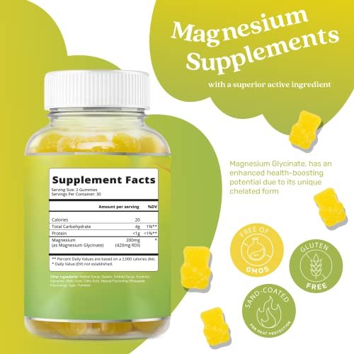 BeLive Magnesium Glycinat Gummis 200 mg – Zuckerfreies Supplement für Muskelentspannung, Schlafunterstützung & Herzgesundheit für Erwachsene & Kinder – Ananasgeschmack – 60 Stück