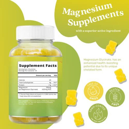 BeLive Magnesium Glycinat Gummis 200 mg – Zuckerfreies Supplement für Muskelentspannung, Schlafunterstützung & Herzgesundheit für Erwachsene & Kinder – Ananasgeschmack – 60 Stück