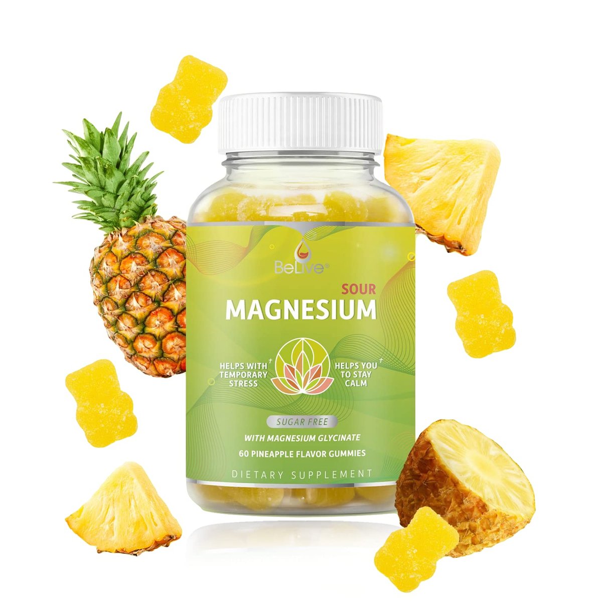 BeLive Magnesium Glycinat Gummis 200 mg – Zuckerfreies Supplement für Muskelentspannung, Schlafunterstützung & Herzgesundheit für Erwachsene & Kinder – Ananasgeschmack – 60 Stück