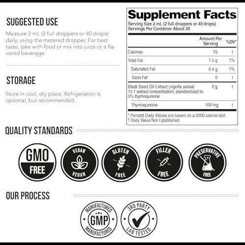 Schwarzkümmelöl flüssig | 5% Thymochinon - TQ-Advanced® | Hochpotent - 100 mg pro Portion - 15:1 Konzentrat aus Nigella Sativa Extrakt, Rohform, vegane Formel, Glasflasche (30 Portionen)