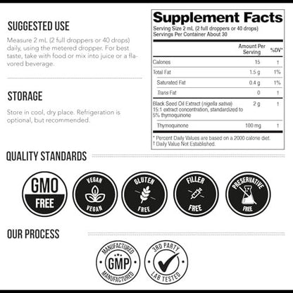 Schwarzkümmelöl flüssig | 5% Thymochinon - TQ-Advanced® | Hochpotent - 100 mg pro Portion - 15:1 Konzentrat aus Nigella Sativa Extrakt, Rohform, vegane Formel, Glasflasche (30 Portionen)