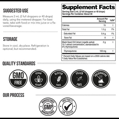 Schwarzkümmelöl flüssig | 5% Thymochinon - TQ-Advanced® | Hochpotent - 100 mg pro Portion - 15:1 Konzentrat aus Nigella Sativa Extrakt, Rohform, vegane Formel, Glasflasche (30 Portionen)