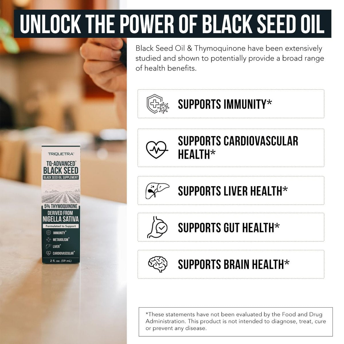 Schwarzkümmelöl flüssig | 5% Thymochinon - TQ-Advanced® | Hochpotent - 100 mg pro Portion - 15:1 Konzentrat aus Nigella Sativa Extrakt, Rohform, vegane Formel, Glasflasche (30 Portionen)