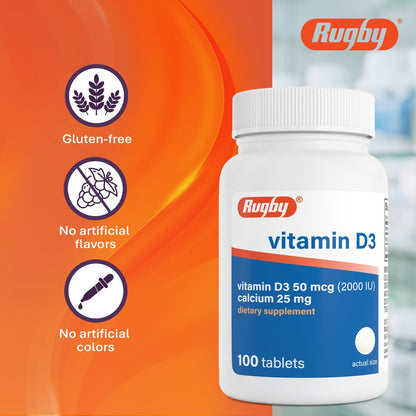 Rugby Vitamin D3 2000 IE (50 µg) – Glutenfreies tägliches Vitamin-D-Nahrungsergänzungsmittel für Knochen-, Zahn- und Immunsystem-Gesundheit, 100 Tabletten