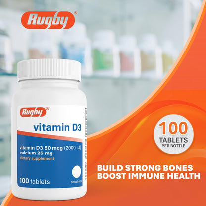 Rugby Vitamin D3 2000 IE (50 µg) – Glutenfreies tägliches Vitamin-D-Nahrungsergänzungsmittel für Knochen-, Zahn- und Immunsystem-Gesundheit, 100 Tabletten