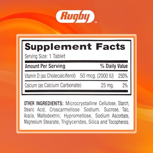 Rugby Vitamin D3 2000 IE (50 µg) – Glutenfreies tägliches Vitamin-D-Nahrungsergänzungsmittel für Knochen-, Zahn- und Immunsystem-Gesundheit, 100 Tabletten