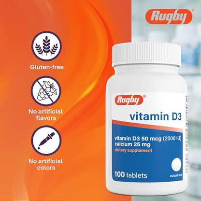 Rugby Vitamin D3 2000 IE (50 µg) – Glutenfreies tägliches Vitamin-D-Nahrungsergänzungsmittel für Knochen-, Zahn- und Immunsystem-Gesundheit, 100 Tabletten