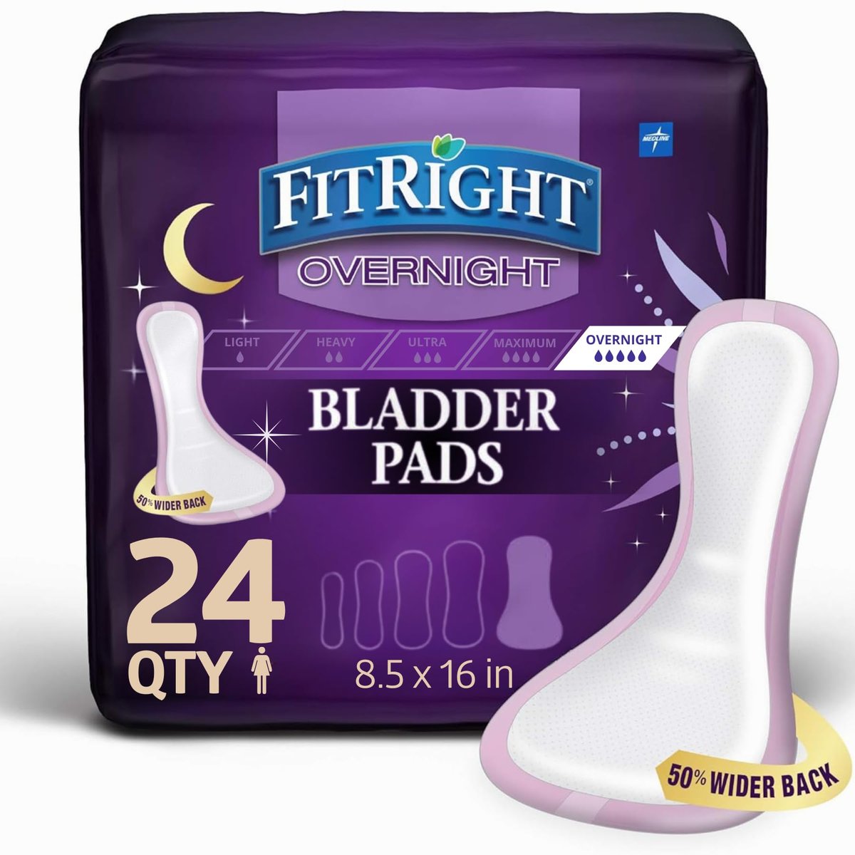 Medline FitRight Overnight Bladder Control Pads, Maximale Saugfähigkeit, Nachtschutz bei Inkontinenz, 8,5 x 16 Zoll, 24 Stück pro Beutel