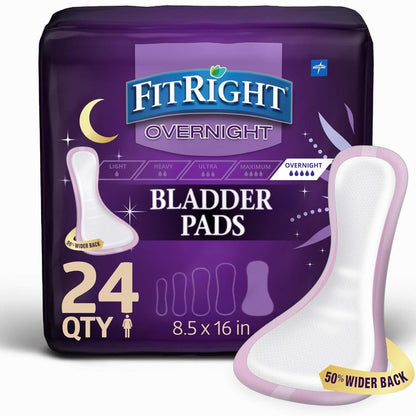 Medline FitRight Overnight Bladder Control Pads, Maximale Saugfähigkeit, Nachtschutz bei Inkontinenz, 8,5 x 16 Zoll, 24 Stück pro Beutel