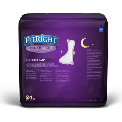 Medline FitRight Overnight Bladder Control Pads, Maximale Saugfähigkeit, Nachtschutz bei Inkontinenz, 8,5 x 16 Zoll, 24 Stück pro Beutel
